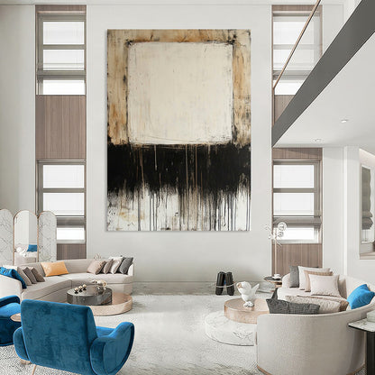 Contemporary large hand-painted abstract artwork featuring mixed media on canvas with thin oil paint lines and a prominent central white square. DLZ0685