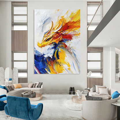 Contemporary abstract painting features an impasto technique with a powerful dragon soaring against a white background in vibrant yellows and blues. DLZ0525