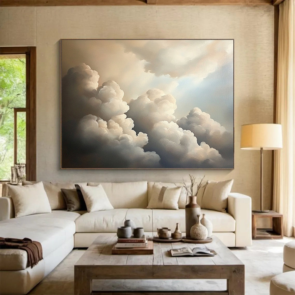“Fluffy Clouds in Sky” - Whites, Greys, Browns, Sky Scene - Realistic Oil Painting HB1584