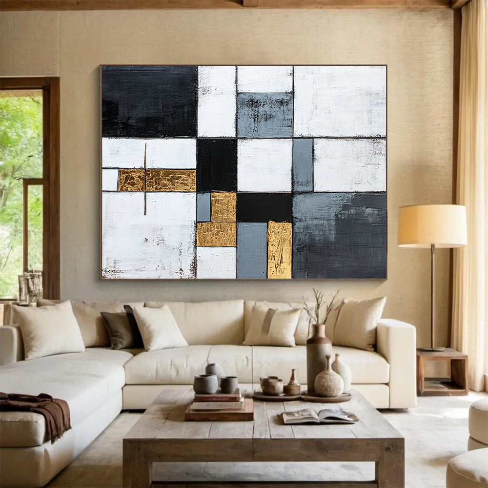 Gray, White, Gold, Black, Patchwork Squares "Gilded Harmony" Abstract Neo - Platicist Painting On Canvas HB150