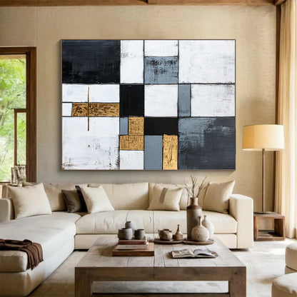 Gray, White, Gold, Black, Patchwork Squares "Gilded Harmony" Abstract Neo - Platicist Painting On Canvas HB150