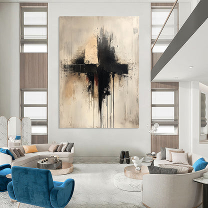 Large contemporary hand-painted abstract artwork featuring a cross in neutral tones with drips splashes and thin lines on a white background. DLZ0593