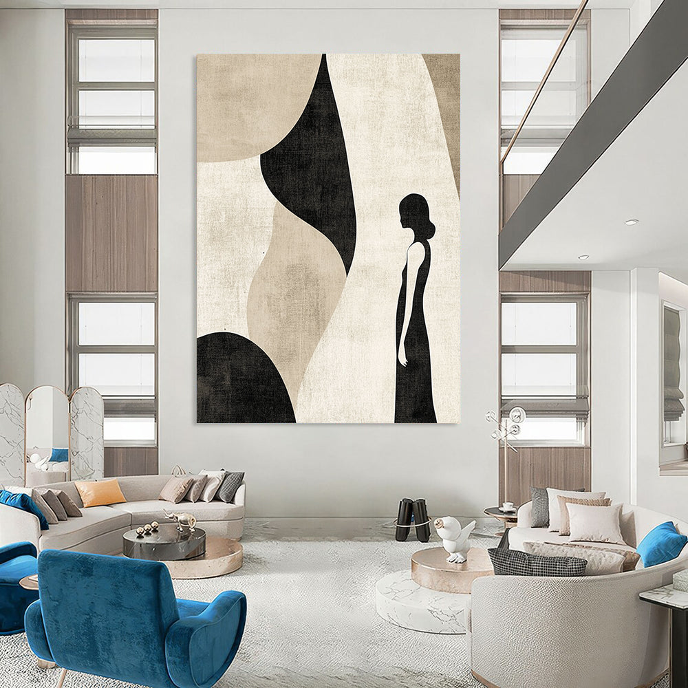 Contemporary abstract artwork featuring muted beige and black tones with simple line art, perfect for modern decor aesthetics. DLZ0798