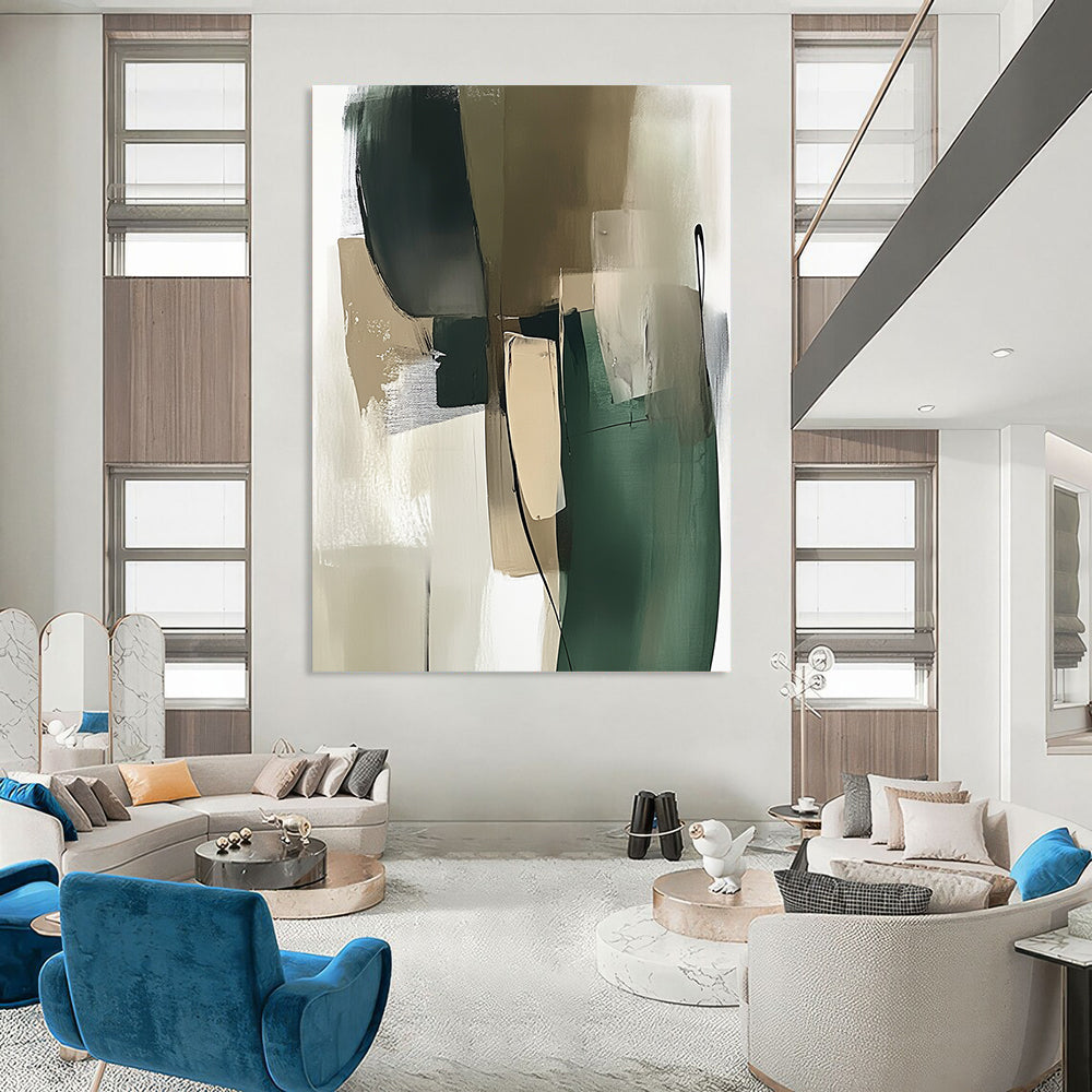 Contemporary abstract painting showcasing a green and beige palette with thick brush strokes and minimalistic shapes in a modernist style. DLZ0535