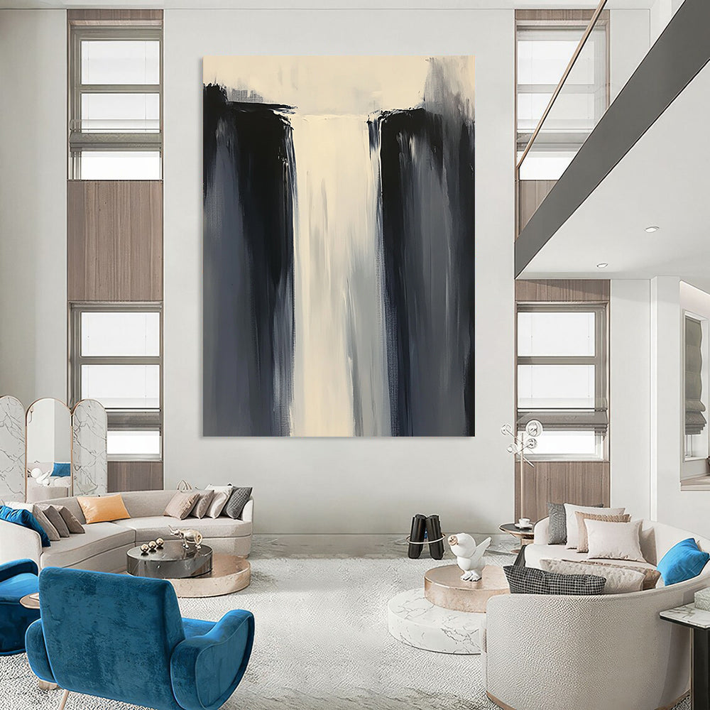 Contemporary abstract painting features minimalist composition in white and gray tones with thick brushstrokes and a tall waterfall, enhancing depth and artistic appeal. DLZ0550