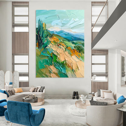 Contemporary abstract oil painting featuring impasto textures and vibrant sea green and blue hues of mountains, hills, and trees. DLZ1566