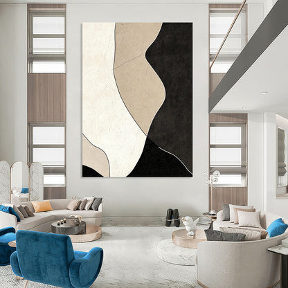 Contemporary abstract painting featuring black and beige shapes on a dark gray background with textured details and smooth curves for a modern aesthetic. DLZ1194