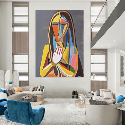 Contemporary abstract painting featuring a woman on a throne holding her chest in pain against a gray background with vibrant colors and bold lines. DLZ1381