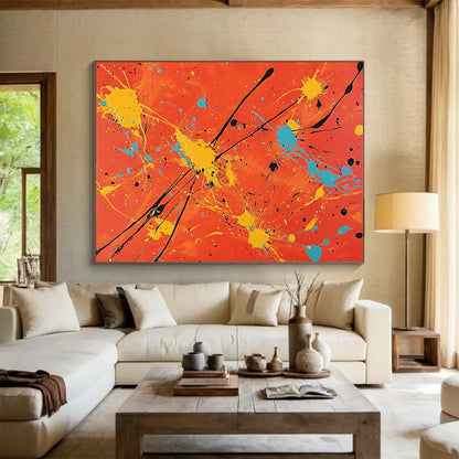 “Colorful Splatter On Orange” - Orange, Yellow, Blue, Black, Abstract Expressionist Painting On Canvas HB0683