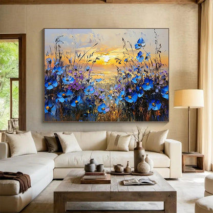 “Blue Flowers at Sunset Landscape” - Blue, Purple, Yellow, Floral Sunset Scene Painting On Canvas HB0846