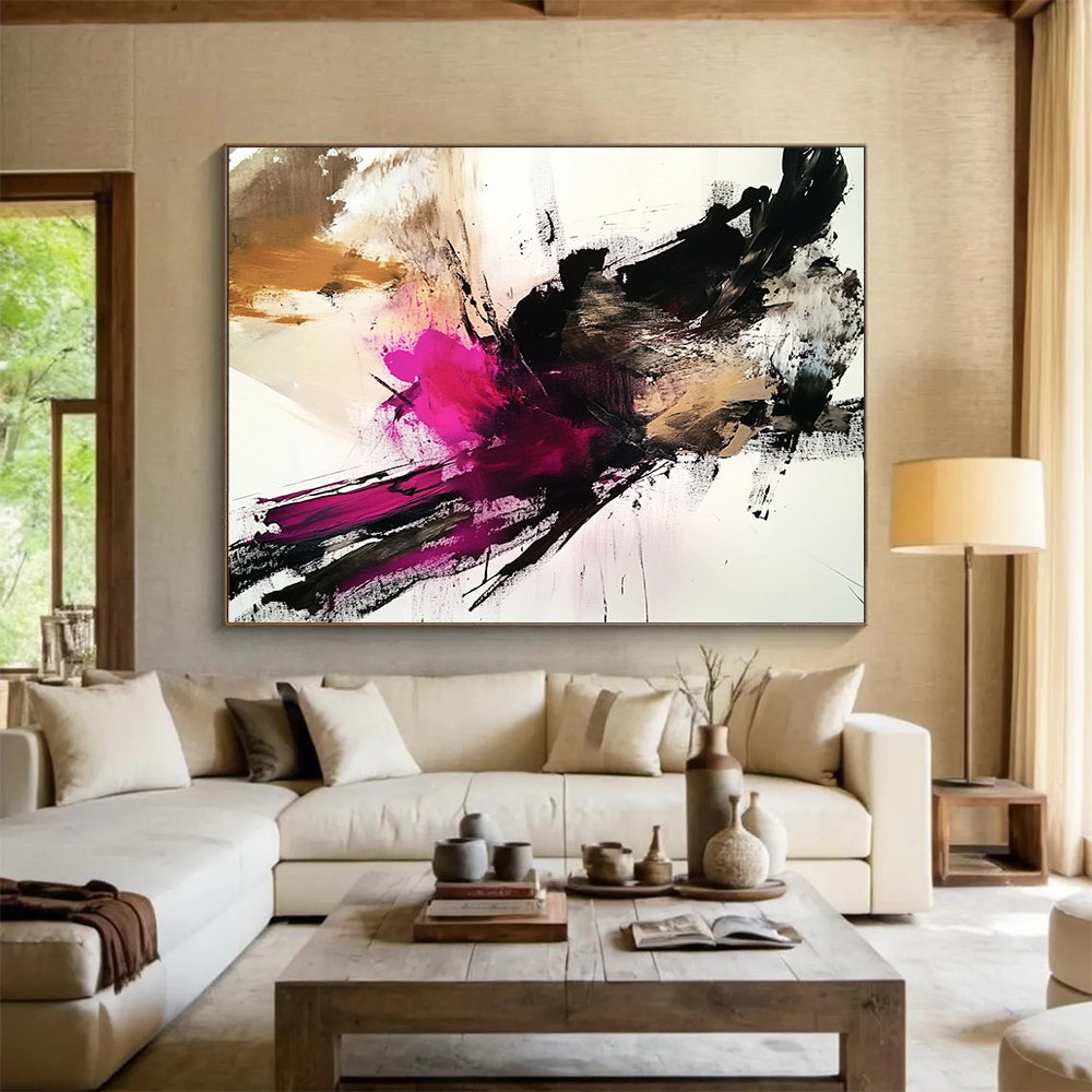 “Bold Pink Black Abstract” - Pink, Black, Beige with Dramatic Strokes - Painting On Canvas HB1372