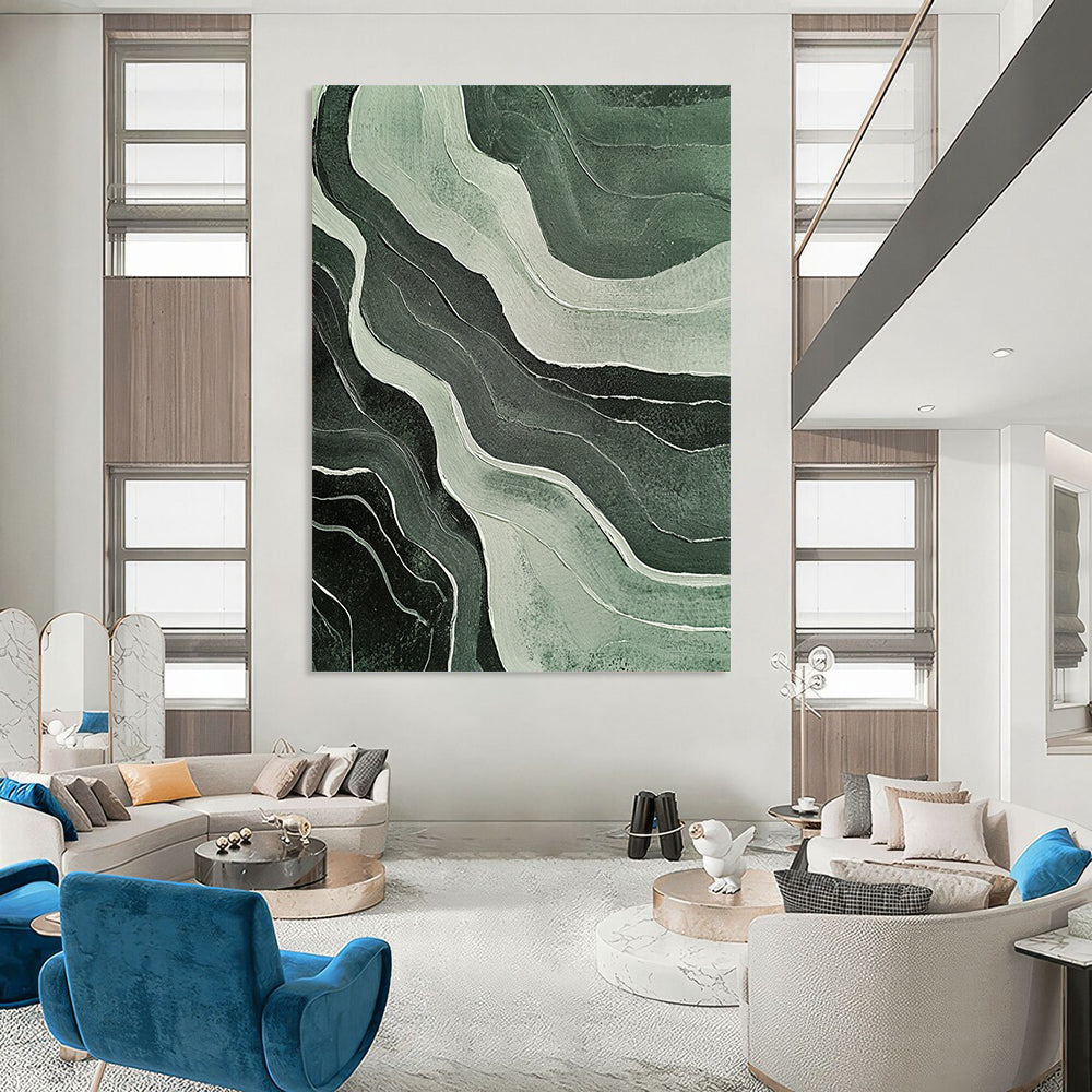 Contemporary hand-painted abstract artwork featuring ethereal green and white wavy lines on a black background with textured effects and muted colors. DLZ1686