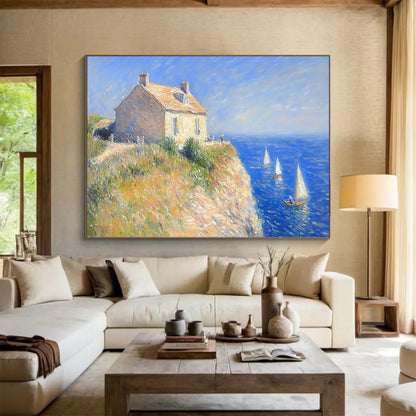 “Claude Monet - Style Seaside” - Blue, beige, seaside house, Impressionist Painting On Canvas HB0563