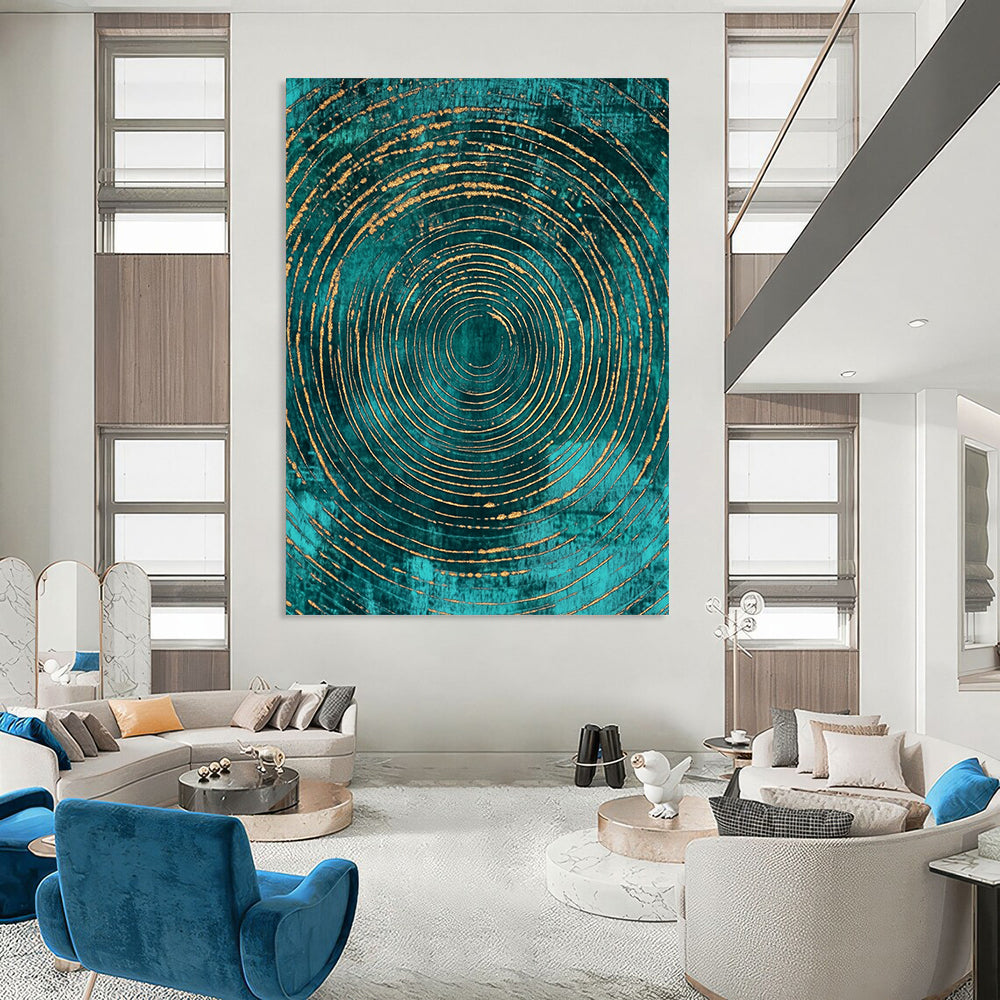 Contemporary art features abstract pattern with teal and gold concentric circles on a dark turquoise background, adding elegance to any space. DLZ1483