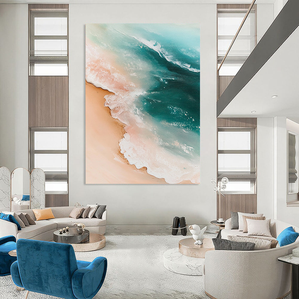Contemporary hand-painted abstract artwork featuring a sandy beach with gentle waves in light pink and turquoise tones, evoking nature's serene beauty. DLZ1222