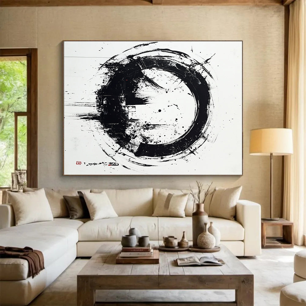 Black and White Circular Ink "Zen Circle" Painting On Canvas HB252