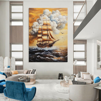 Contemporary hand-painted abstract art featuring a tall ship, white clouds, and birds, evoking a vintage nautical atmosphere. DLZ1477