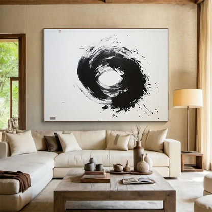 Black and White Splattered Circle "Energetic Enso" Painting On Canvas HB272