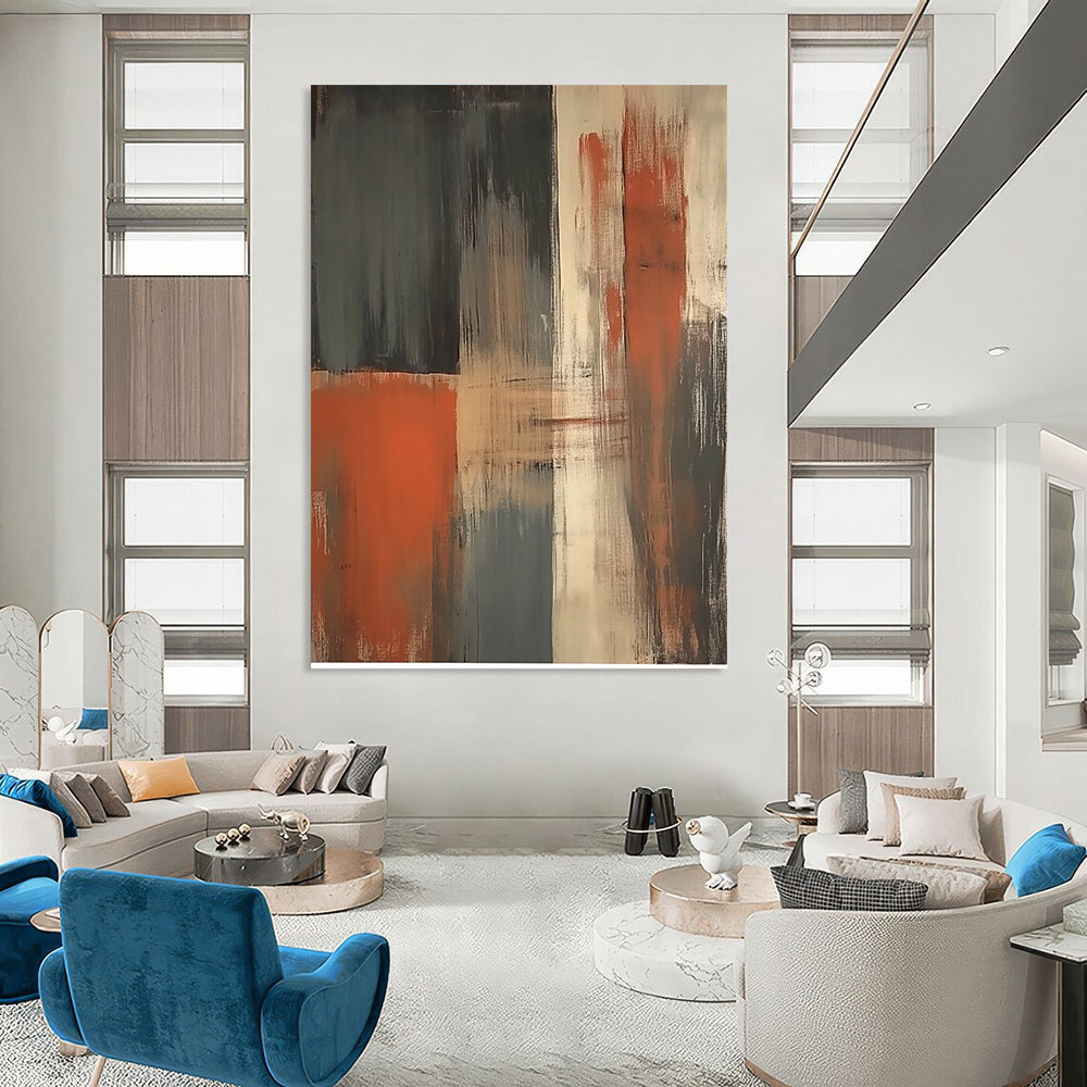 Contemporary hand-painted abstract art featuring a striking orange grey and beige vertical brushstroke on a dark gray background. DLZ1018