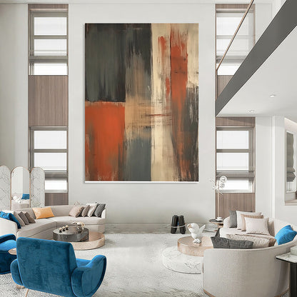 Contemporary hand-painted abstract art featuring a striking orange grey and beige vertical brushstroke on a dark gray background. DLZ1018