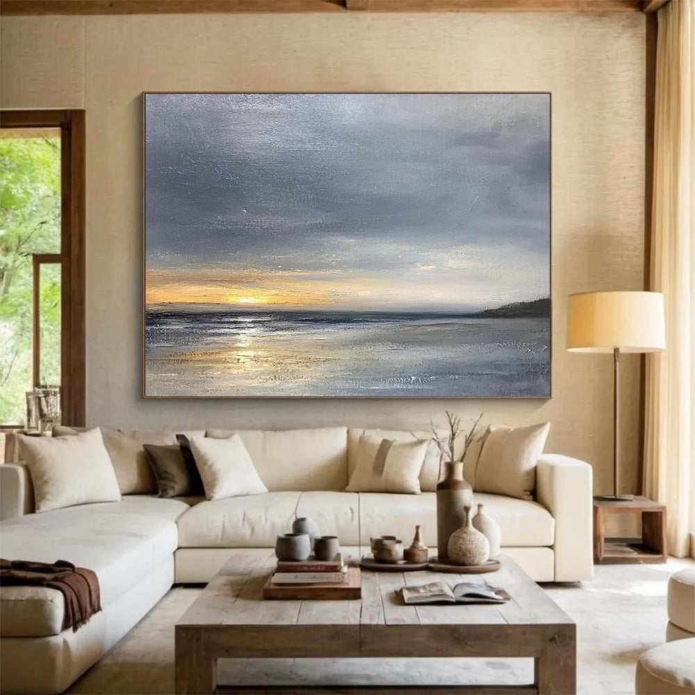 “Moody Seaside Sunset” - Grays, Oranges, Silvers, Coastal Sunset - Minimalist Oil Painting HB1689