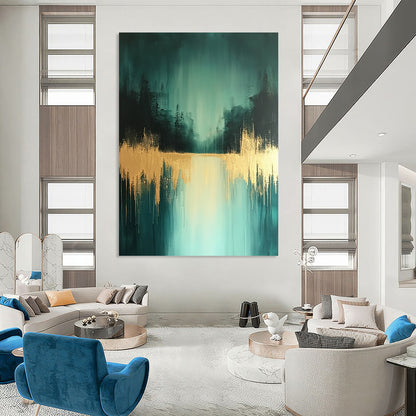Contemporary abstract art features teal and gold shades with distant trees and a wet-on-water effect creating a serene low-contrast atmosphere. DLZ0771