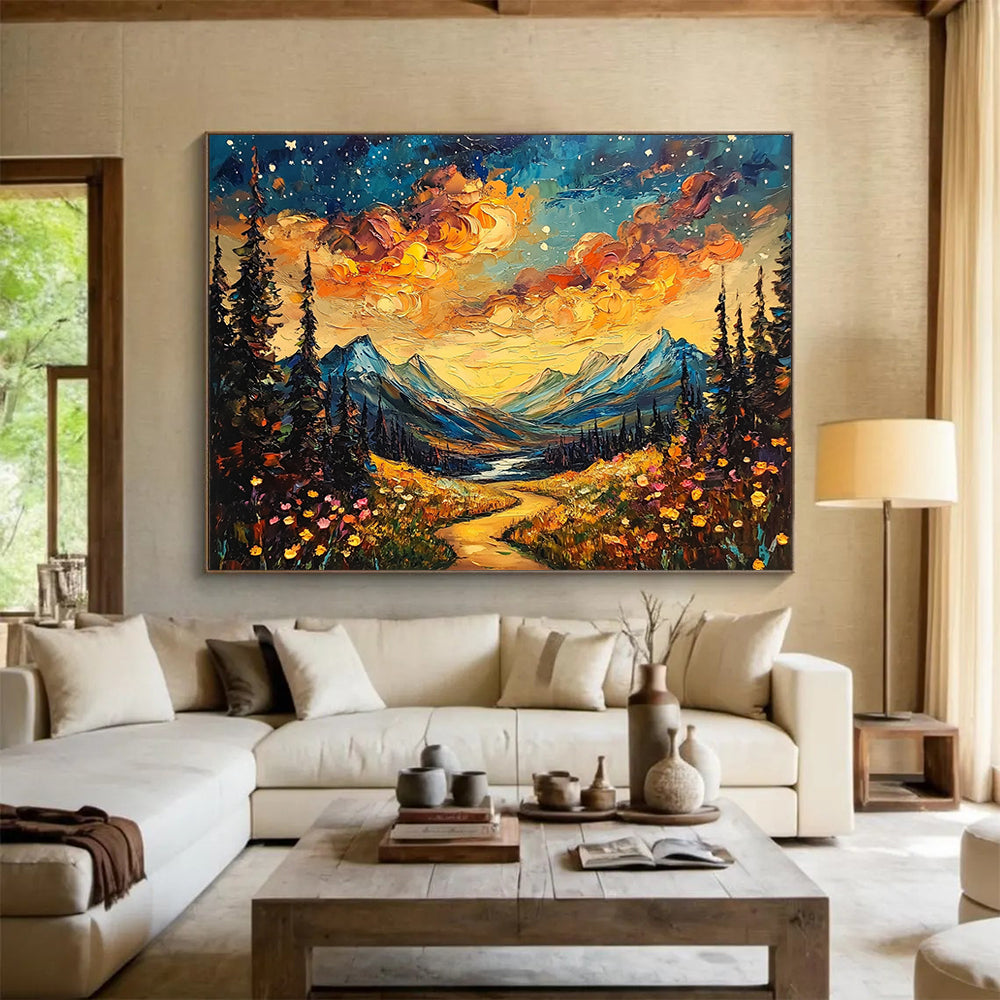 “Starry Mountain Path” - Vivid sunset clouds, colorful wildflowers, Impasto Landscape Painting On Canvas HB0567