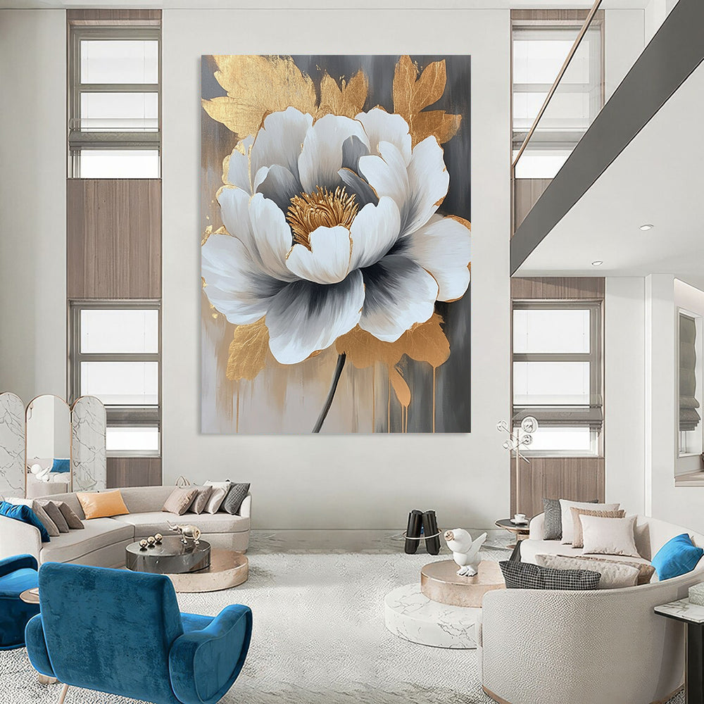 Contemporary hand-painted abstract artwork featuring a peony in gray and white with striking gold accents, perfect for modern decor. DLZ0782