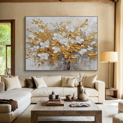 Gold & White Flower Tree - Elegant Living Room or Bedroom Art DLZ246