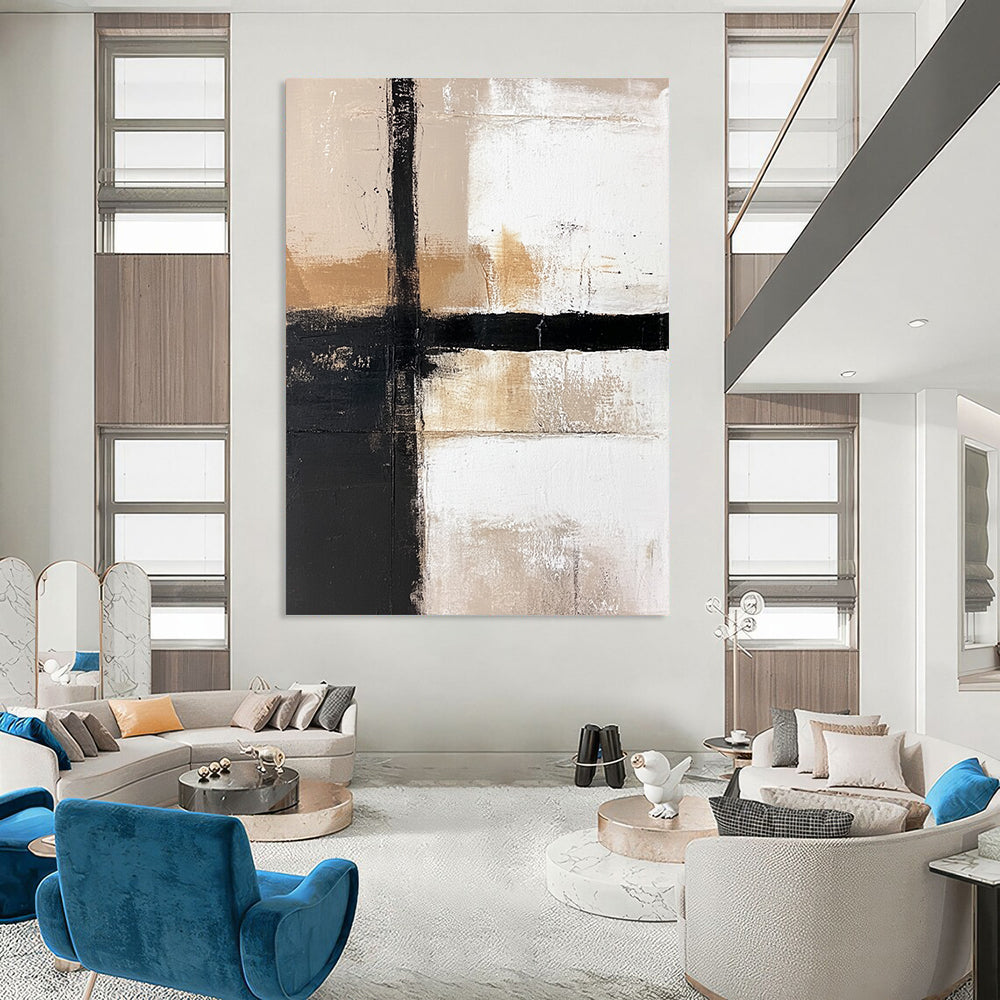 Contemporary hand-painted abstract artwork featuring a white background, bold black lines, and striking brown and beige color blocks. DLZ1650