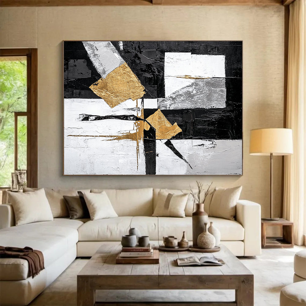 Black, White, Gray, Gold, Angular Shapes "Gilded Geometry" Abstract Minimalist Painting On Canvas HB062