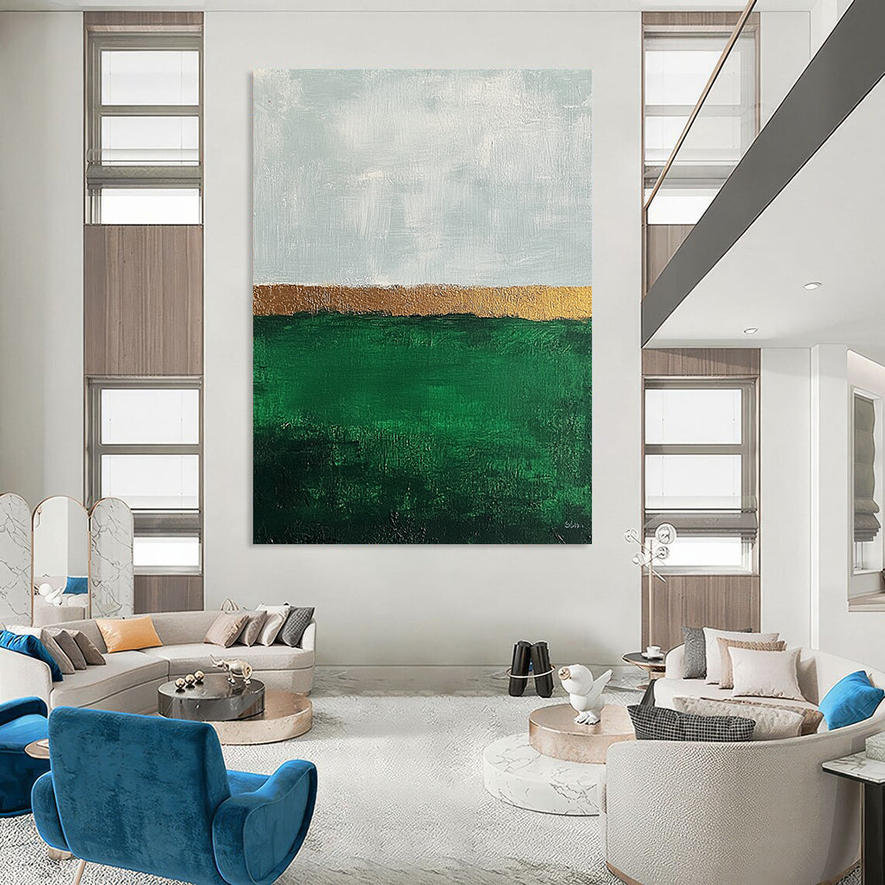 Contemporary abstract art featuring impasto technique with thick strokes, showcasing an emerald green field and muted sky in a minimalist aesthetic. DLZ1351