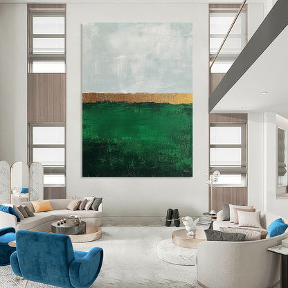Contemporary abstract art featuring impasto technique with thick strokes, showcasing an emerald green field and muted sky in a minimalist aesthetic. DLZ1351