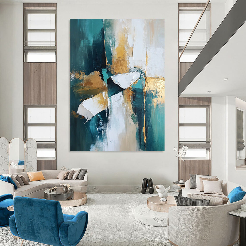 Contemporary abstract painting featuring teal and white tones with gold accents. High-resolution artwork with dramatic lighting and atmospheric quality for stunning visuals. DLZ0444