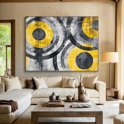 Gray, Black, Yellow and White Abstract Circles "Energetic Orbits" Painting On Canvas HB380
