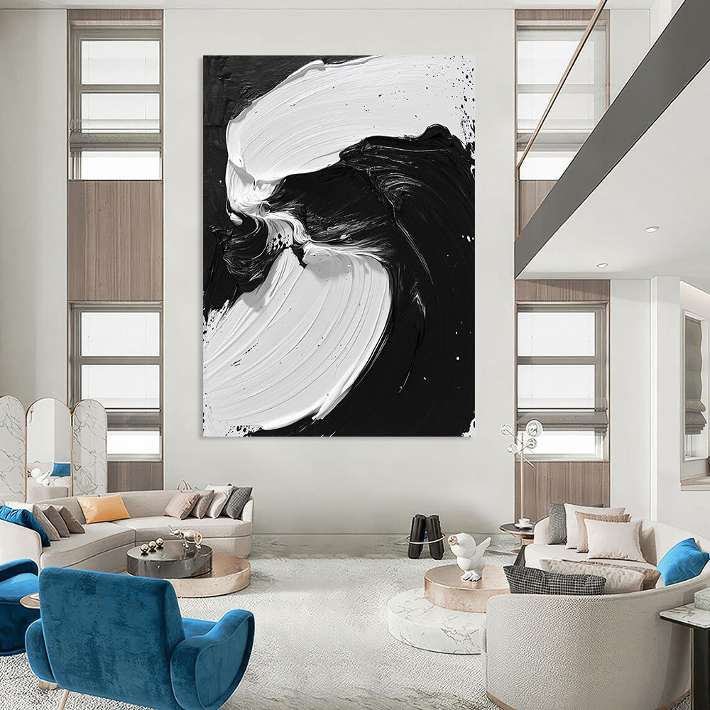 Contemporary hand-painted abstract artwork features flowing black and white oil paint, evoking powerful sea waves and mythical creatures. DLZ1549