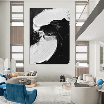 Contemporary hand-painted abstract artwork features flowing black and white oil paint, evoking powerful sea waves and mythical creatures. DLZ1549