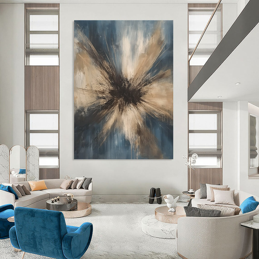 Contemporary hand-painted abstract art featuring an explosion of dark gray beige and white tones against a light blue background with organic strokes. DLZ1187