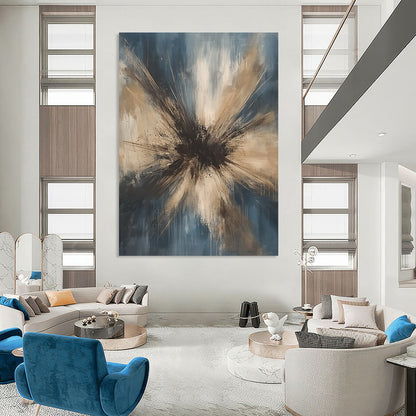 Contemporary hand-painted abstract art featuring an explosion of dark gray beige and white tones against a light blue background with organic strokes. DLZ1187