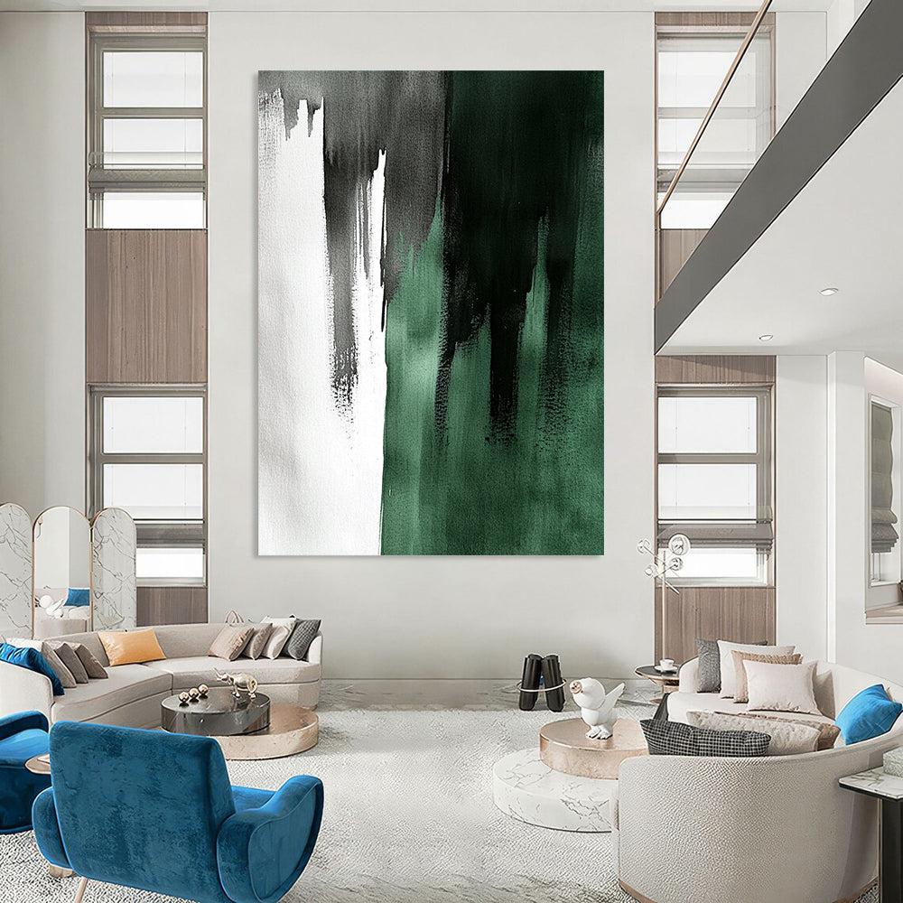 Large contemporary hand-painted abstract artwork featuring emerald green and gray with elegant brushstrokes creating a striking light and shadow contrast. DLZ1736