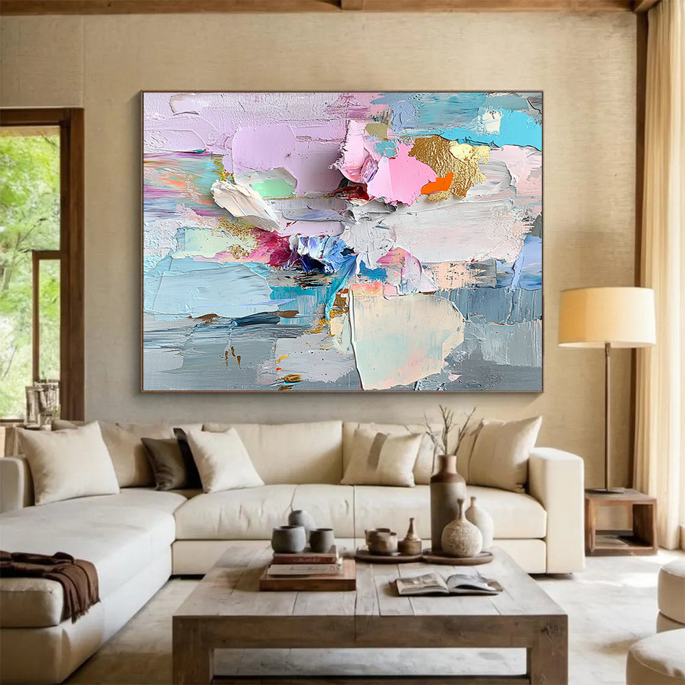 “Colorful Textured Abstract Collage” - Pink, Blue, Gold, Colorful textured abstract shapes - Impasto Oil Painting HB1794