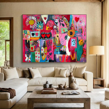 “Pink Collage Abstract” - Pink, Red, Colorful Shapes, Hearts, Flowers, Mixed Patterns - Painting On Canvas HB1444