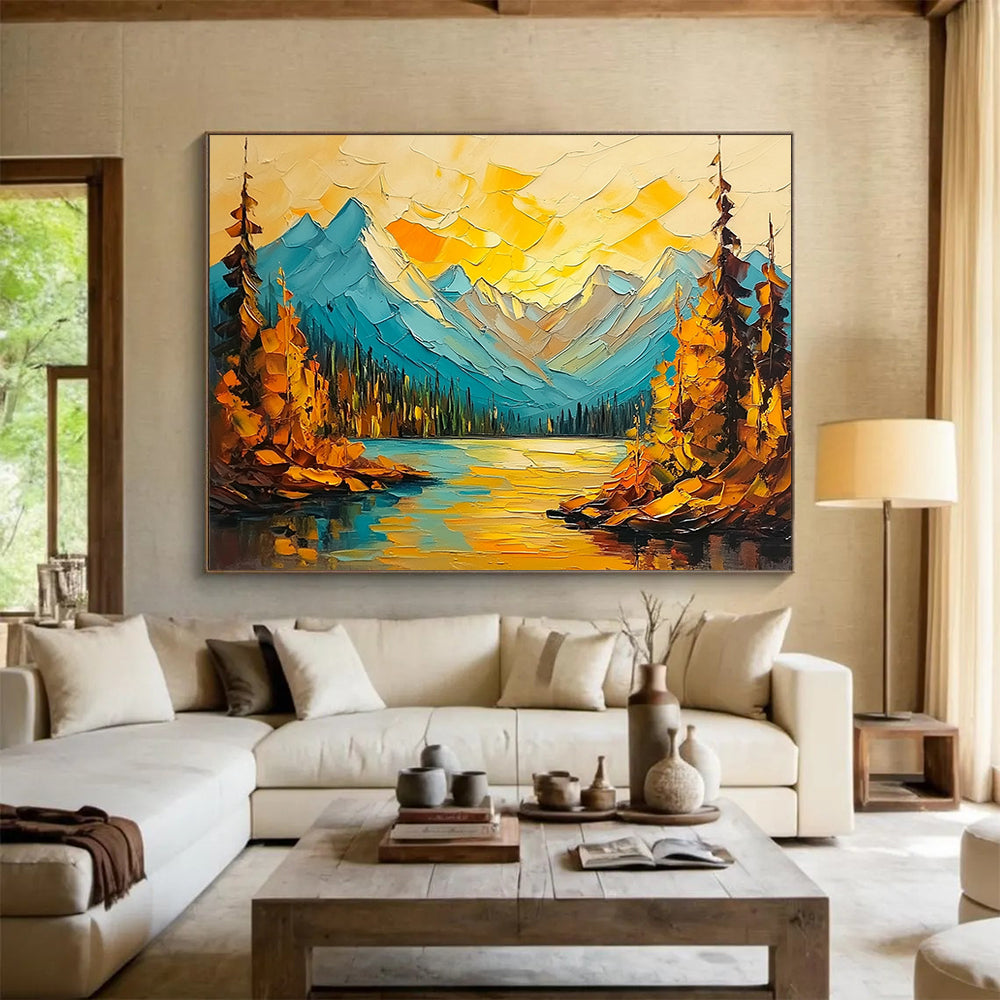 “Colorful Mountain Lake” - Blues, Yellows, Oranges, Mountain Lake with Autumn Trees - Impasto Oil Painting HB1713