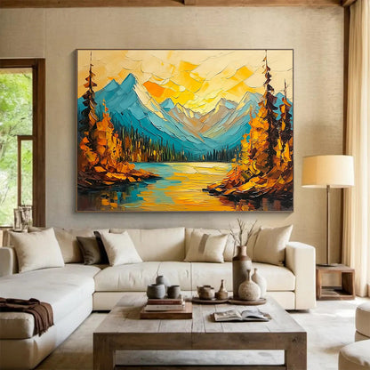 “Colorful Mountain Lake” - Blues, Yellows, Oranges, Mountain Lake with Autumn Trees - Impasto Oil Painting HB1713