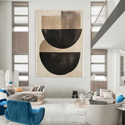 Contemporary large abstract painting featuring elegant black and beige semi-circles on a soothing neutral background, perfect for enhancing any space. DLZ1455