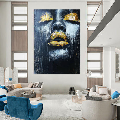 Contemporary hand-painted abstract art featuring an African woman's lips with gold leaf highlights on a dark textured background. DLZ1542