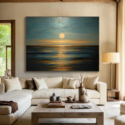 “Moonlit Ocean Calm” - Cool Blues, Silvery Whites, Warm Golds, Ocean at Night - Impasto Oil Painting HB1755