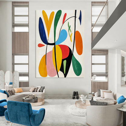 Large contemporary hand-painted abstract art featuring bright colors, organic forms, and simple lines on a white background, inspired by Matisse’s style. DLZ1271