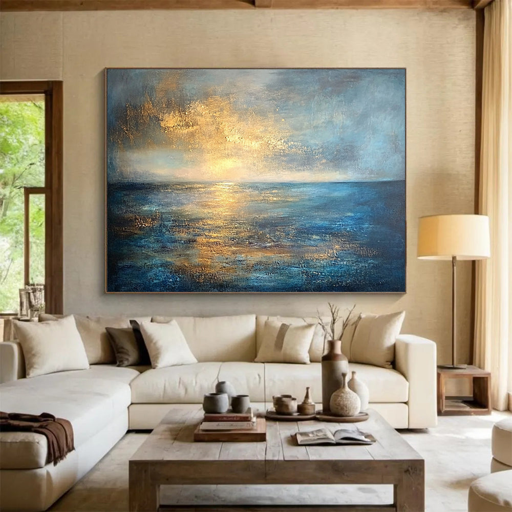 “Golden Sunset Seascape” - Gold, blue, gray; Abstract sunset over the sea; Textured Oil Painting On Canvas HB1188