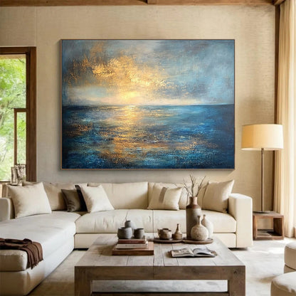 “Golden Sunset Seascape” - Gold, blue, gray; Abstract sunset over the sea; Textured Oil Painting On Canvas HB1188